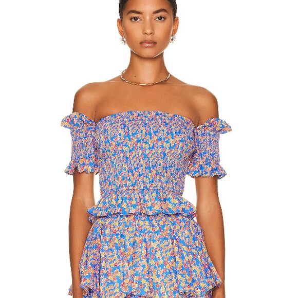 Caroline Constas Zora Off the Shoulder Smocked Top S Royal Blue Liberty Floral - Picture 1 of 13